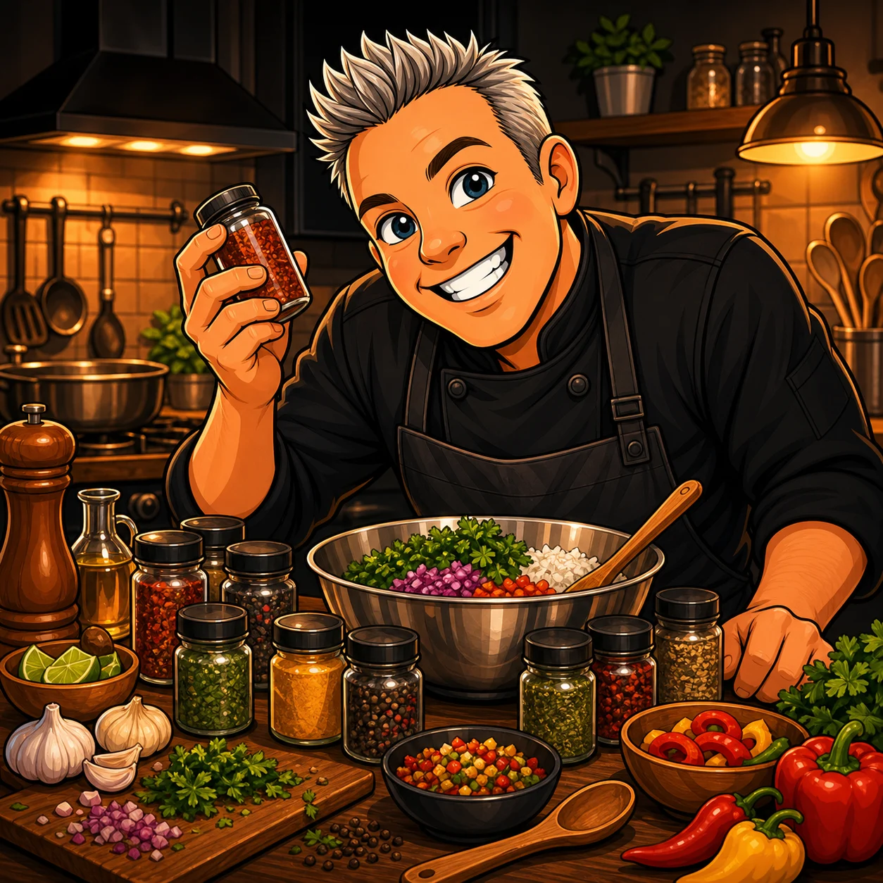 Chef Kevo mixing ingredients in a cartoon kitchen