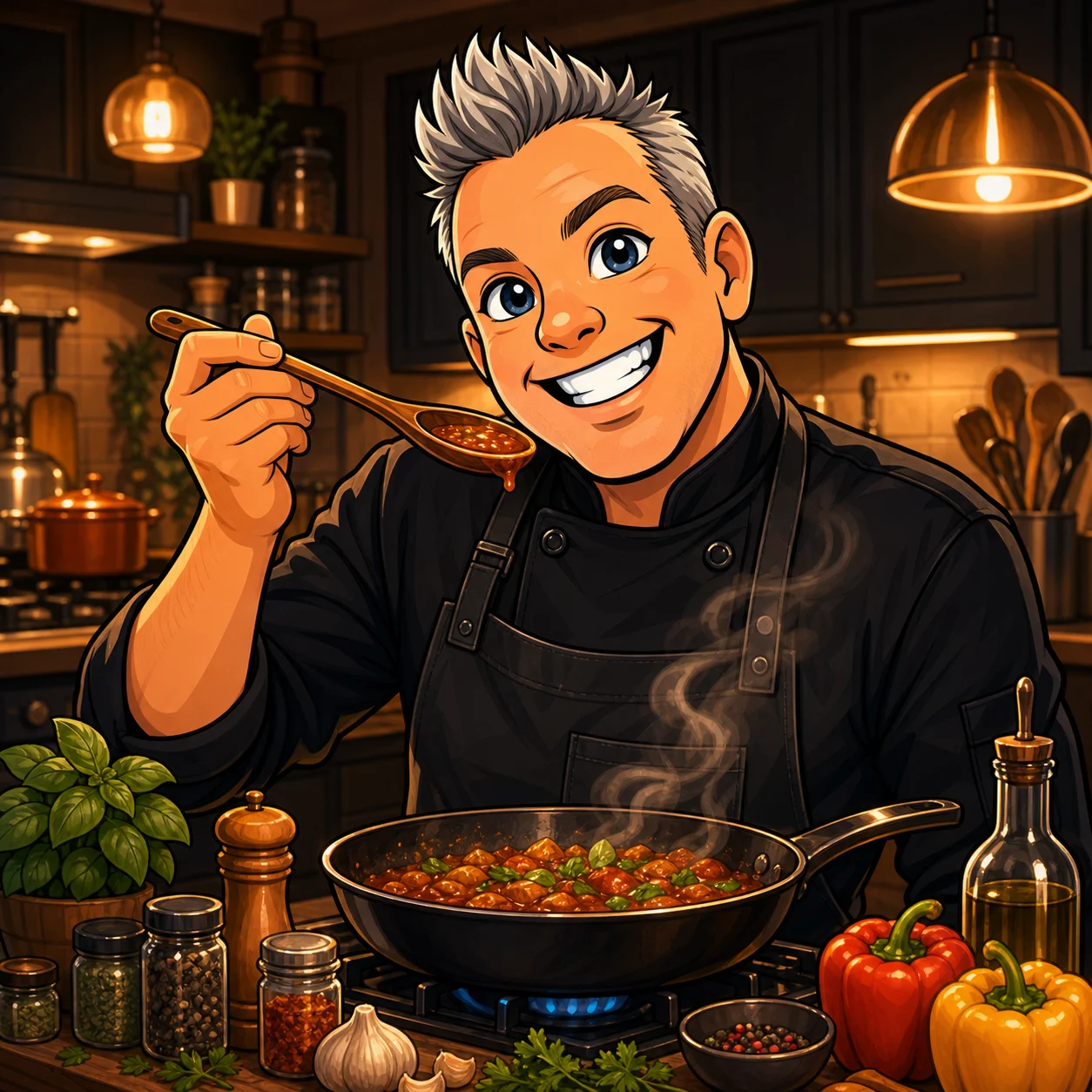 Chef Kevo cooking in a cartoon kitchen