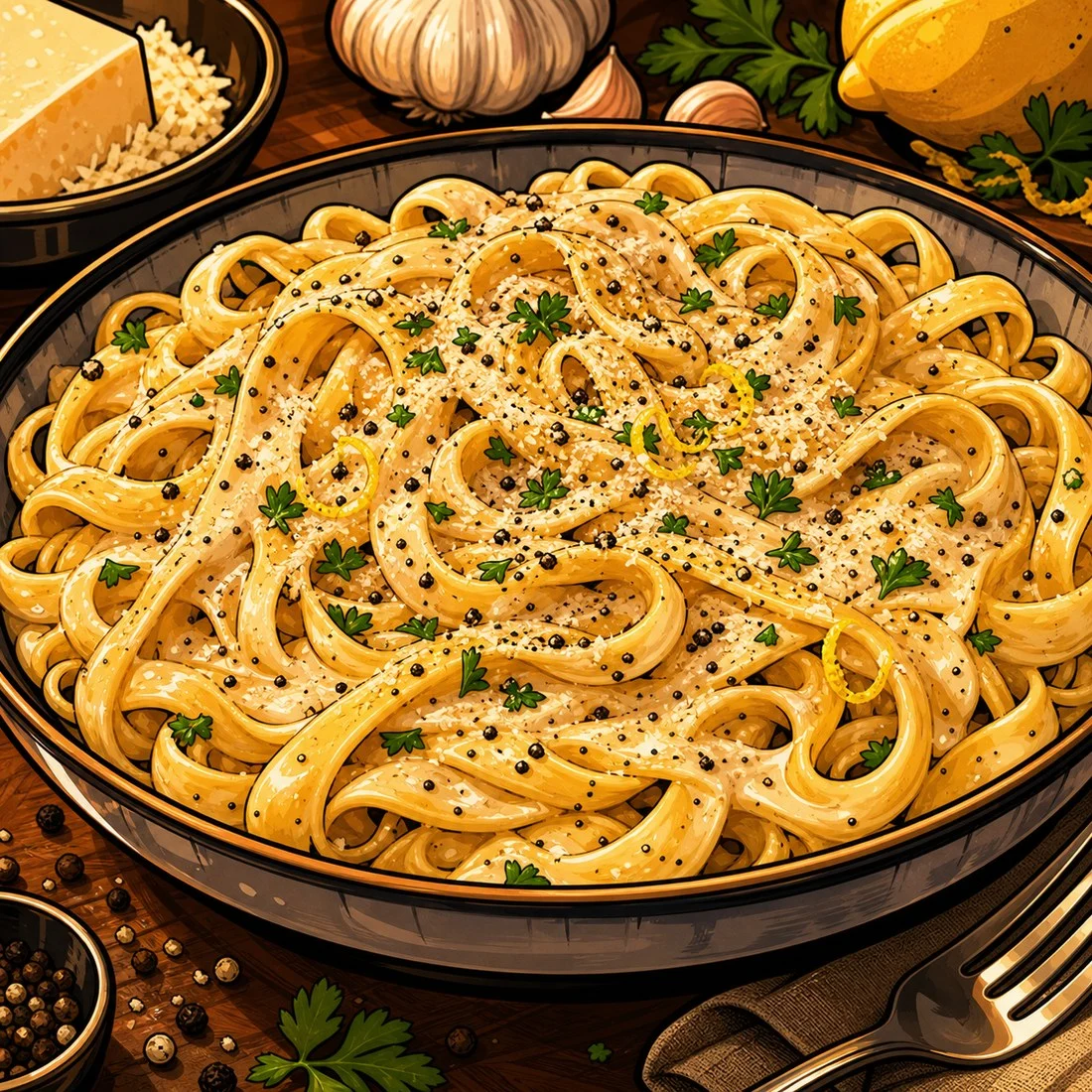 Creamy pepper pasta with parsley and parmesan