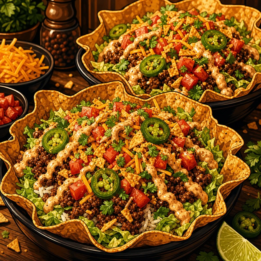 Crispy taco crunch bowls with beef, lettuce, tortilla chips, cheese, tomato, and jalapeno